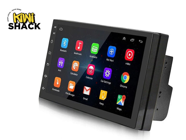 Car multimedia screen with app icons on a white background, branded 'Kiwi Shack'.