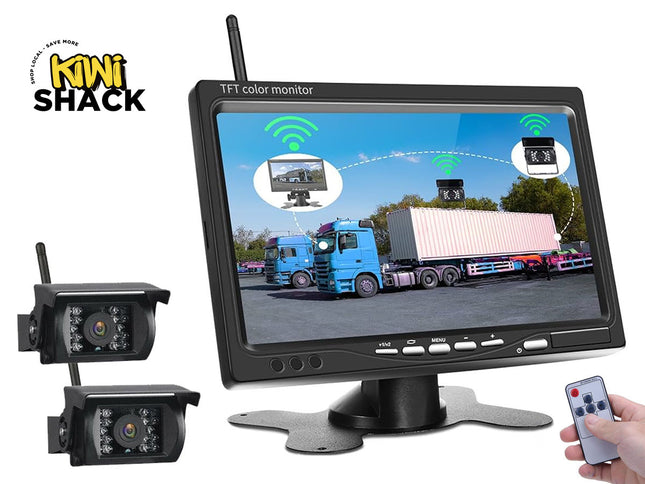 TFT color monitor with two cameras and a remote control on a white background, featuring Kini Shack brand.