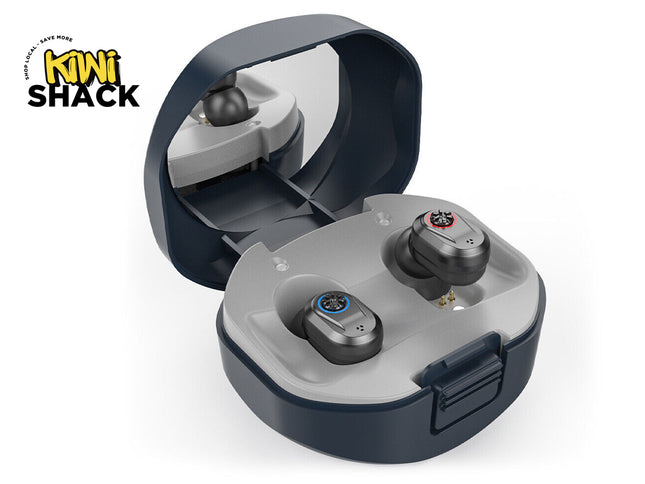 True wireless earbuds in a charging case with 'Kiwi Shack' branding.