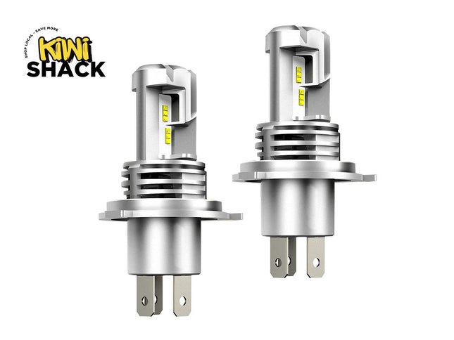 Two car light bulbs with Kiwi Shack logo on a white background