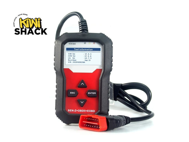 Car diagnostic tool with display on a white background, branded with 'Kiwi Shack'.