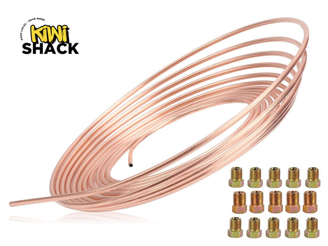 Coiled copper tubing with brass fittings on a white background, featuring the Kiwi Shack brand.