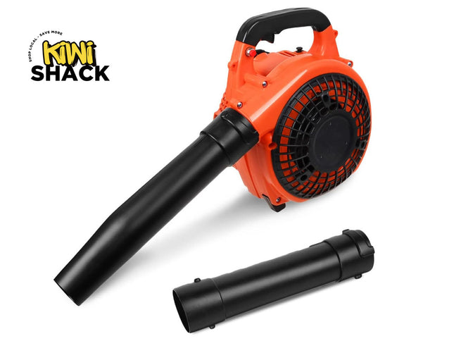 Orange and black leaf blower with interchangeable nozzles on a white background, featuring the Kiwi Shack brand.