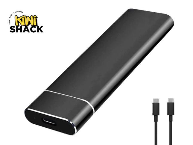 Black USB-C hub with cables on a white background, featuring Kiwi Shack logo.