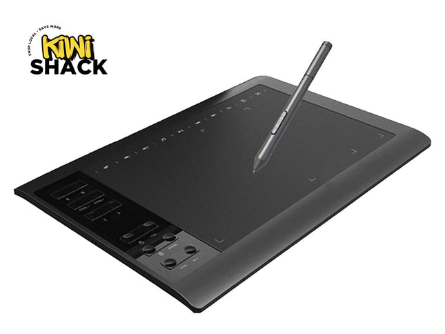 Graphic tablet with stylus on a white background, featuring the Kiwi Shack logo.
