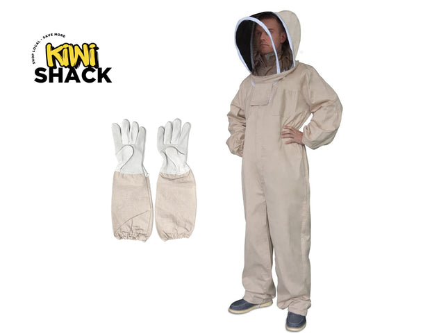 Beekeeping suit with gloves and Kiwi Shack logo on a white background