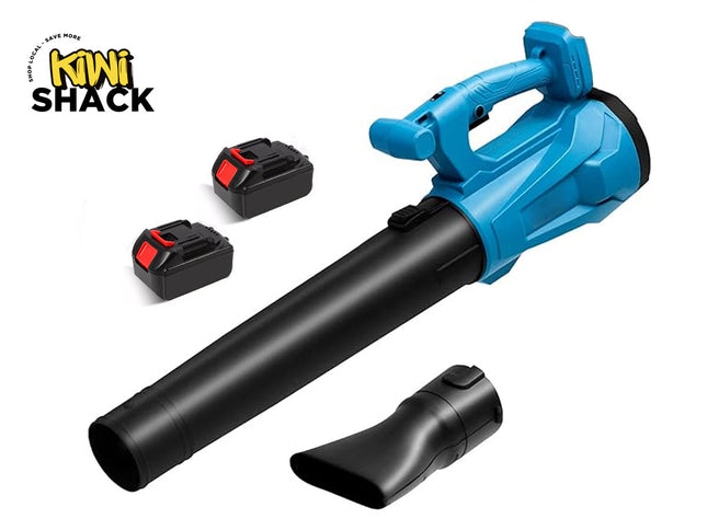 Blue and black leaf blower with attachments on a white background, featuring Kiwi Shack logo.