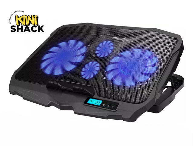 Black laptop cooling pad with blue LED fans and digital display on a white background, featuring the Kiwi Shack brand.