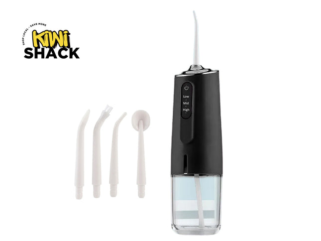 Black dental water flosser with clear reservoir and white nozzles on a white background, featuring the Kiwi Shack logo.