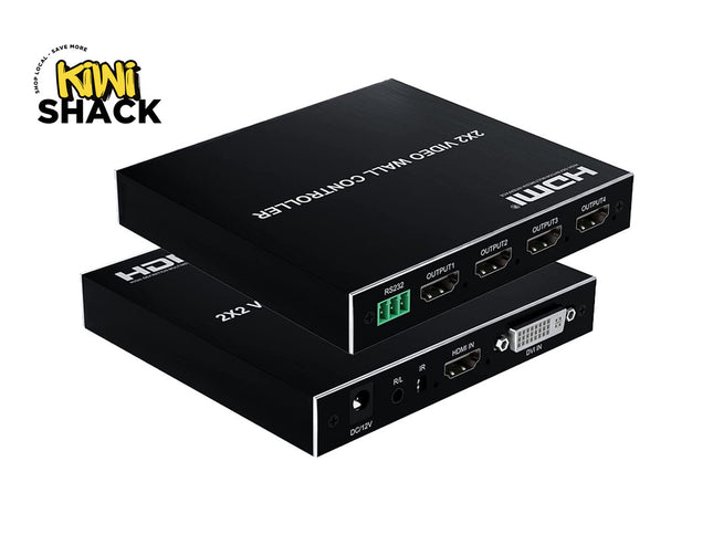 Black video switchers with multiple ports on a white background, branded 'Kiwi Shack'.