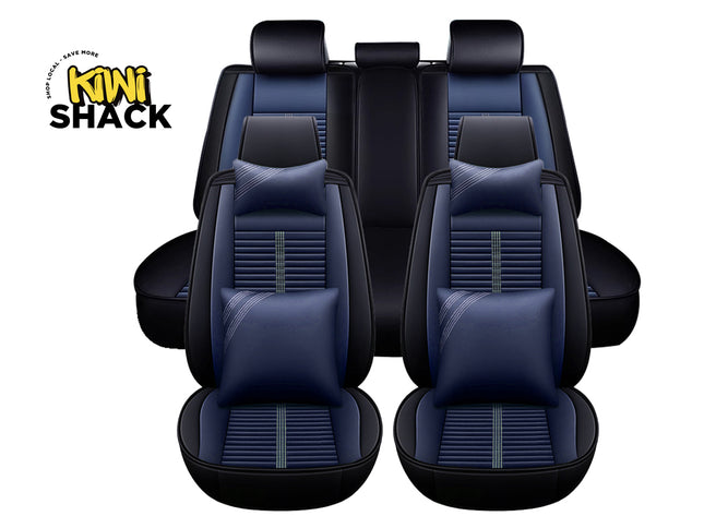 Black car seat covers with gray accents on a white background, featuring the Kiwi Shack brand.