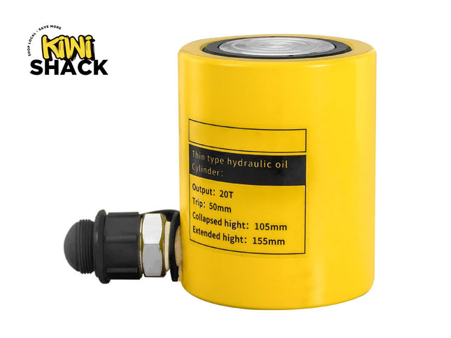 Yellow hydraulic cylinder with technical specifications label on a white background, branded 'Kiwi Shack'.