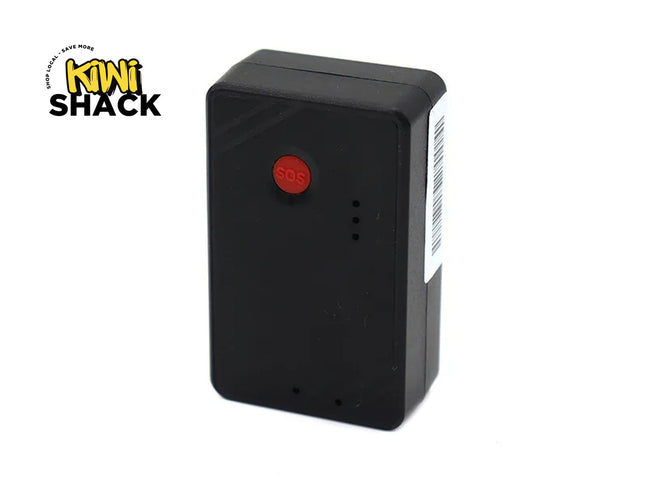 Black electronic device with a red button on a white background, featuring the Kini Shack logo.