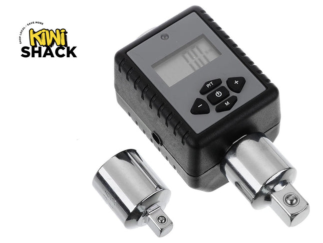 Digital pressure gauge with interchangeable nozzles on a white background, featuring the Kiwi Shack logo.