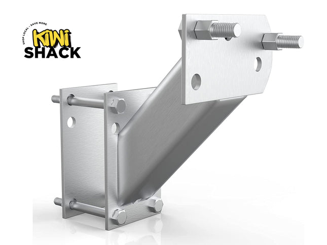 Metal bracket with bolts on a white background, featuring the Kiwi Shack logo.