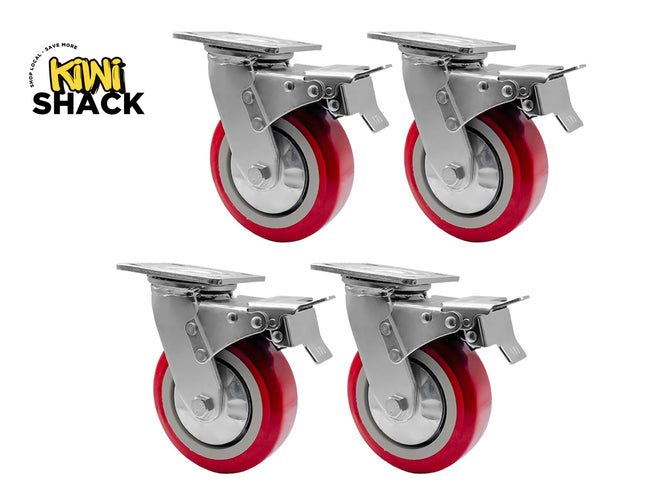 Four red wheels with metal brackets on a white background, featuring the Kiwi Shack logo.