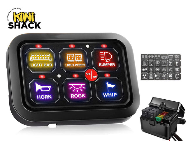 Control panel with illuminated buttons and a relay box on a white background, branded 'Kiwi Shack'.