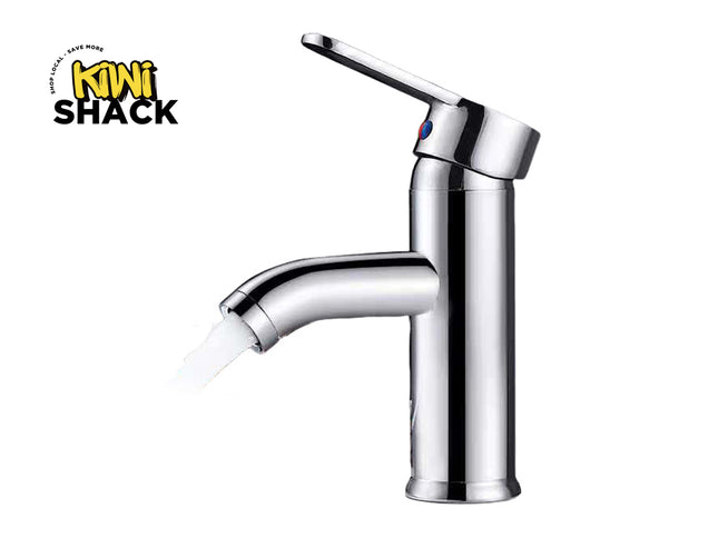 Chrome faucet with water flowing on a white background, featuring the Kiwi Shack logo.