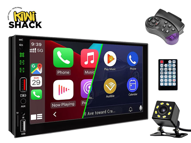 Car multimedia system with touchscreen display, remote control, and camera on a white background.