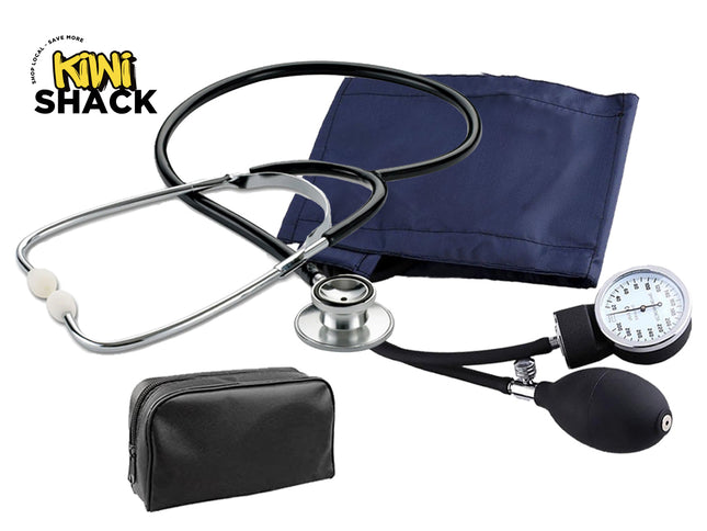 Stethoscope and blood pressure monitor with Kiwi Shack logo on a white background