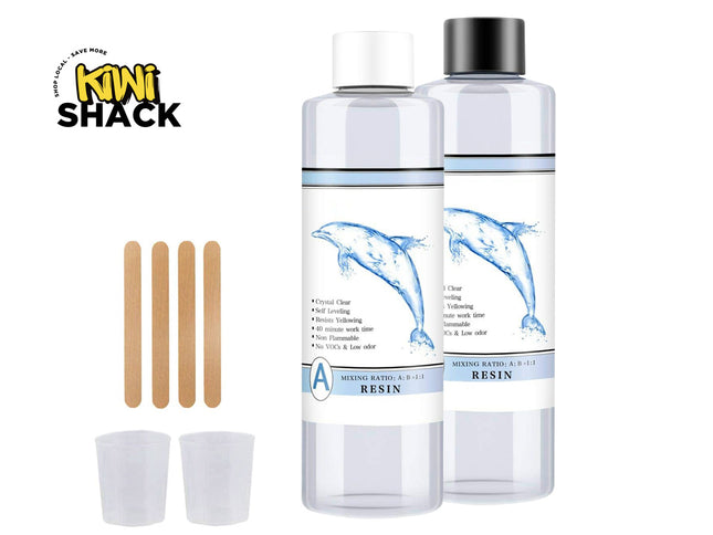 Two resin bottles with tools on a white background, featuring the Kiwi Shack brand.