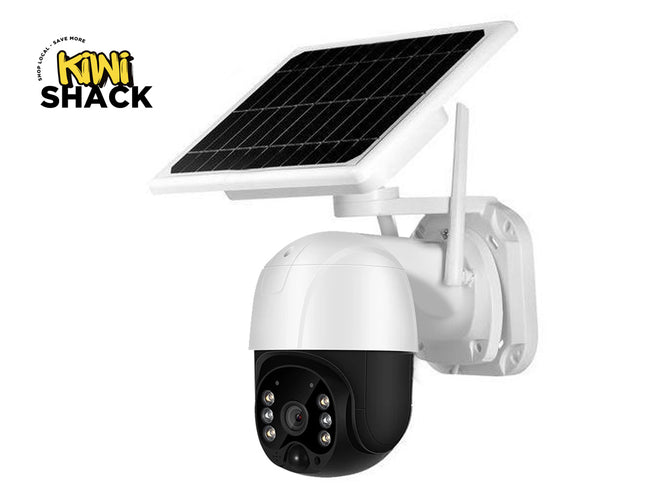Solar-powered security camera with a black solar panel on a white background, featuring the Kiwi Shack brand.