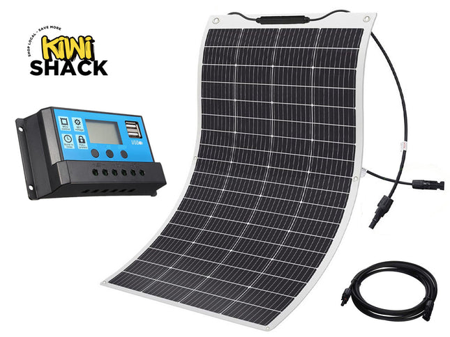 Solar panel and controller with Kiwi Shack logo on a white background