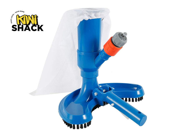 Blue pool cleaning tool with brush and nozzle, branded 'Kiwi Shack' on a white background