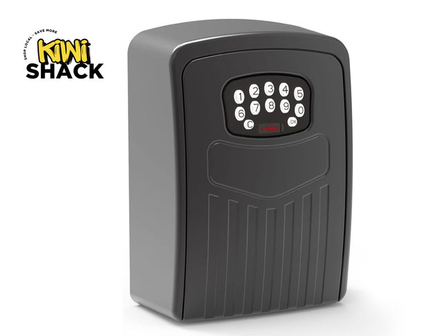 Gray electronic key safe with digital keypad on a white background, featuring the Kiwi Shack logo.