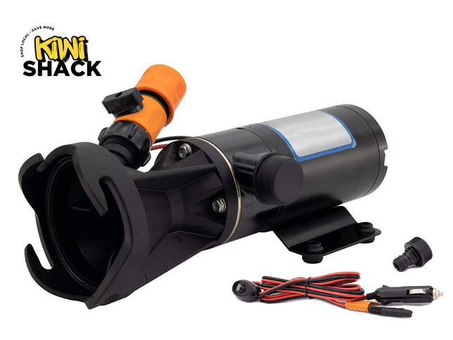 Black and orange pump with wiring on a white background, featuring Kiwi Shack logo.