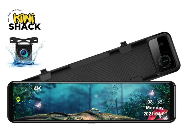 Car dashboard camera with screen displaying a nature scene, brand 'Kiwi Shack' visible.