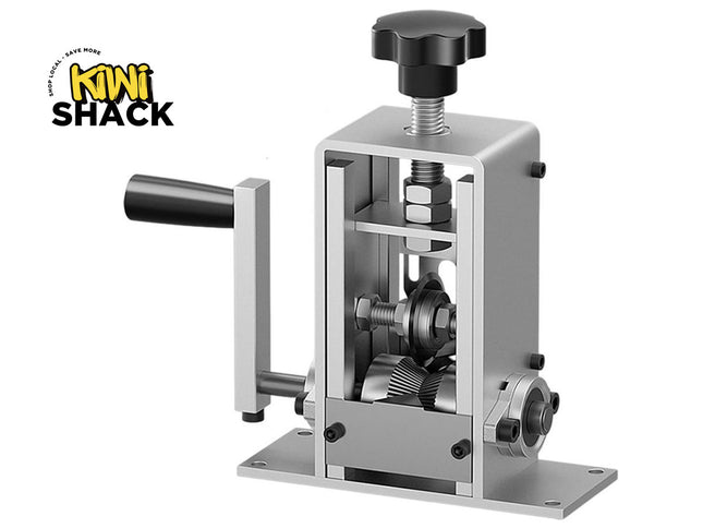 Metallic mechanical device with a handle on a white background, featuring the Kiwi Shack logo.