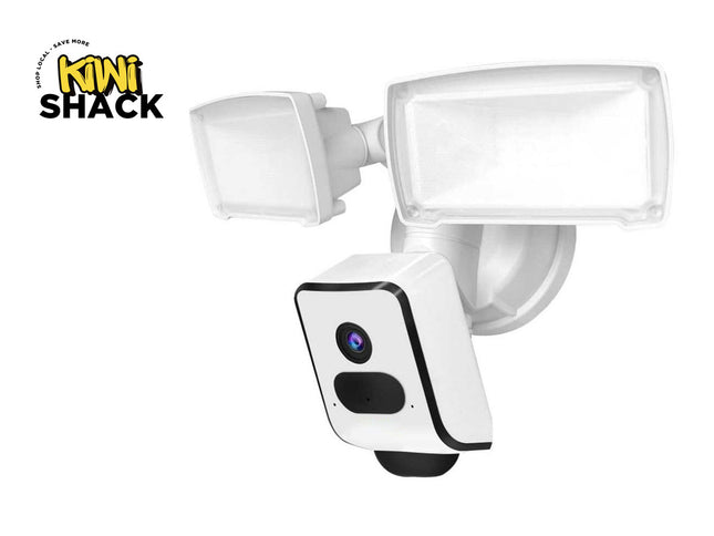 White security camera with motion sensors on a white background, branded 'Kiwi Shack'.