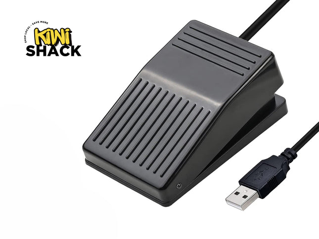 Black foot pedal with USB cable on a white background, featuring Kiwi Shack logo.