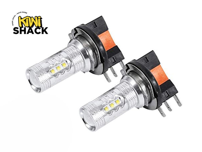 Two car headlight bulbs with 'Kiwi Shack' logo on a white background