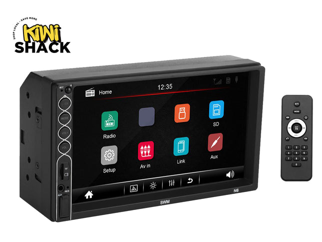 Car multimedia system with touchscreen display and remote control on a white background, featuring the Kiwi Shack brand.