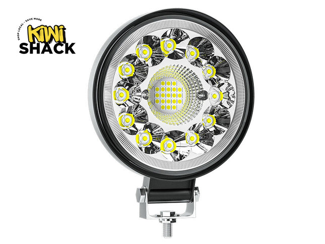 Round LED work light with visible brand 'Kiwi Shack' on a white background
