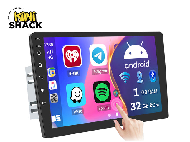 Touchscreen display with app icons and 'Kiwi Shack' branding