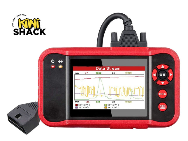 Red diagnostic tool with screen displaying data stream on a white background, featuring the Kiwi Shack logo.