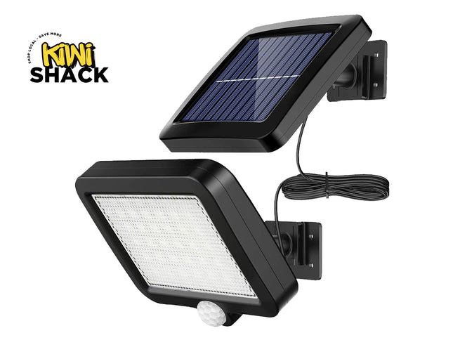 Solar-powered outdoor lights with motion sensor on a white background, branded as Kiwi Shack.