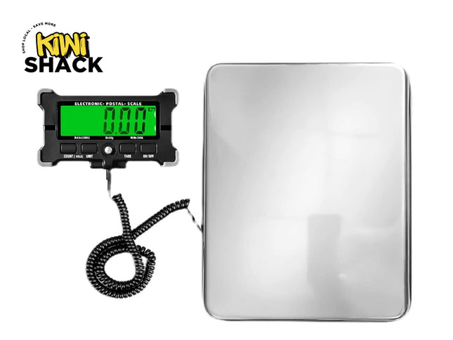 Digital electronic postal scale with a coiled cable on a white background, branded with 'Kiwi Shack'.