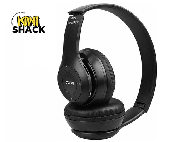 Black wireless headphones with 'Kiwi Shack' logo on a white background