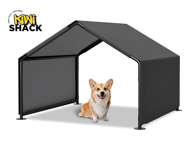 Dog standing inside a black doghouse with 'Kiwi Shack' branding on a white background