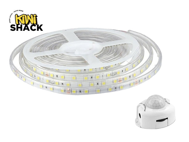 LED strip light with motion sensor on a white background, branded as Kiwi Shack.