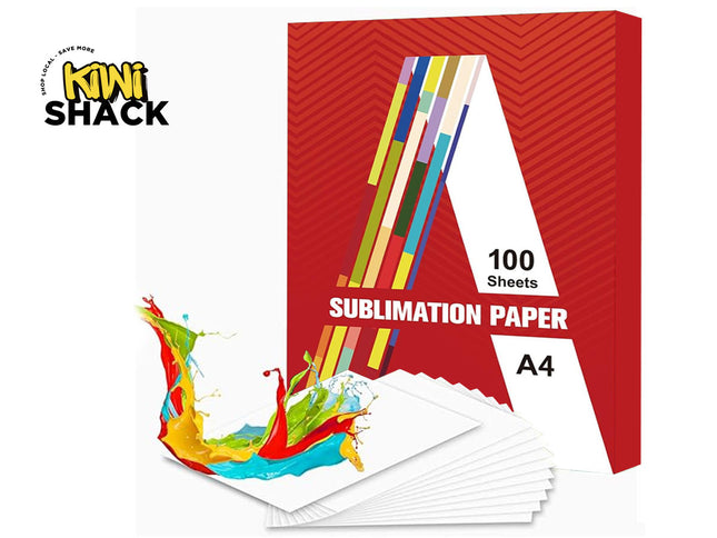 A4 sublimation paper pack with colorful design and Kiwi Shack branding on a white background.