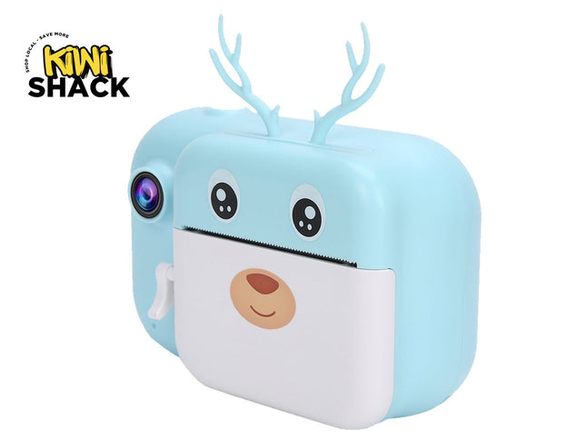 Blue cartoon-style device with deer antlers on a white background, featuring the Kiwi Shack logo.