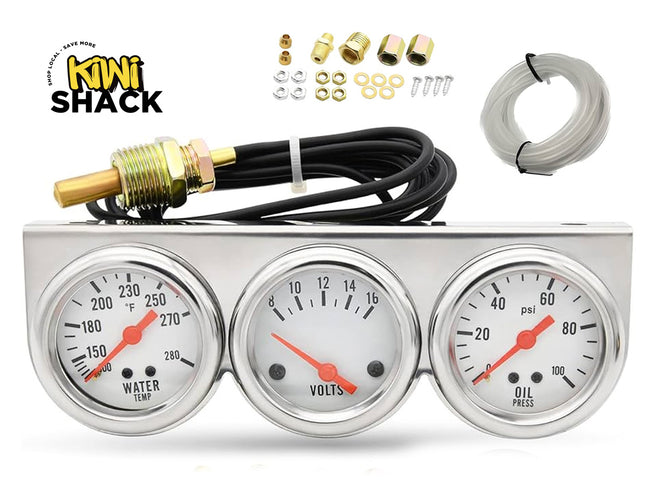 Triple gauge set with water temperature, volts, and oil pressure indicators on a white background, featuring Kiwi Shack branding.