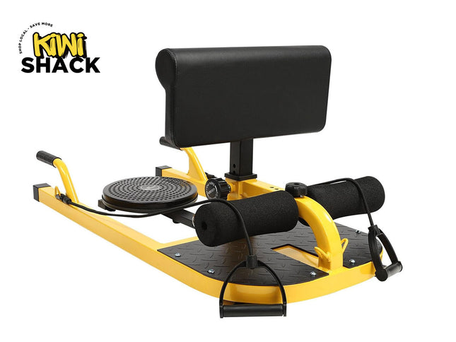 Yellow and black exercise machine with 'Kiwi Shack' branding on a white background