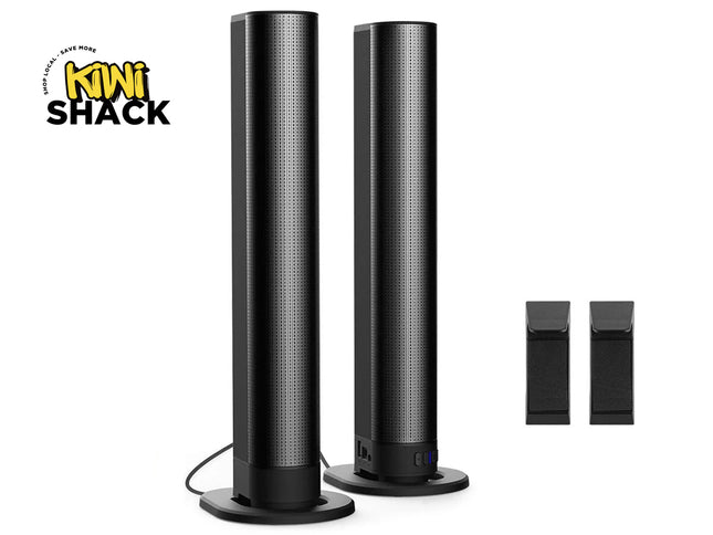Two black cylindrical speakers with additional components on a white background, featuring the Kiwi Shack logo.