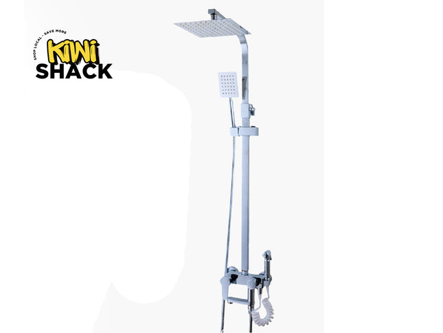 Shower set with a shower head and control handle on a white background, branded with 'Kiwi Shack'.